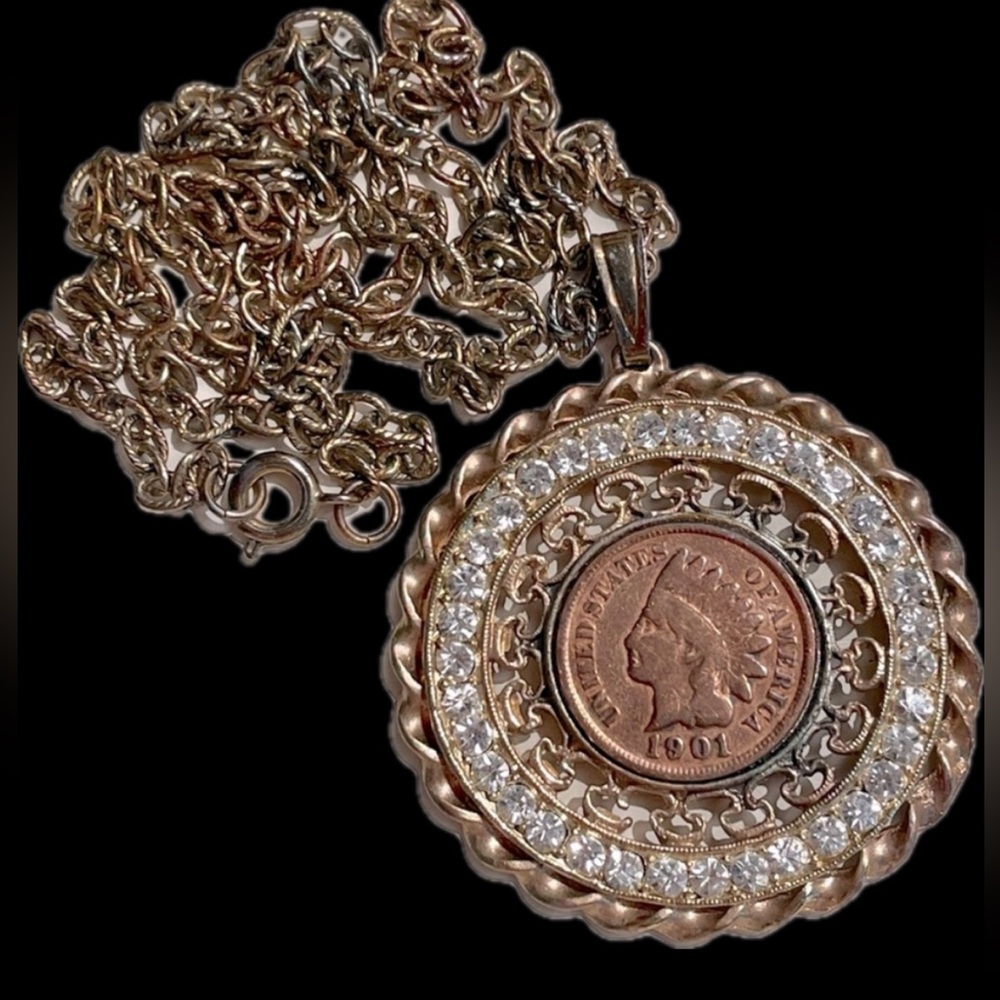 Verified JULIANA D&E Vintage Indian Head Penny Rhinestone Pendant Necklace